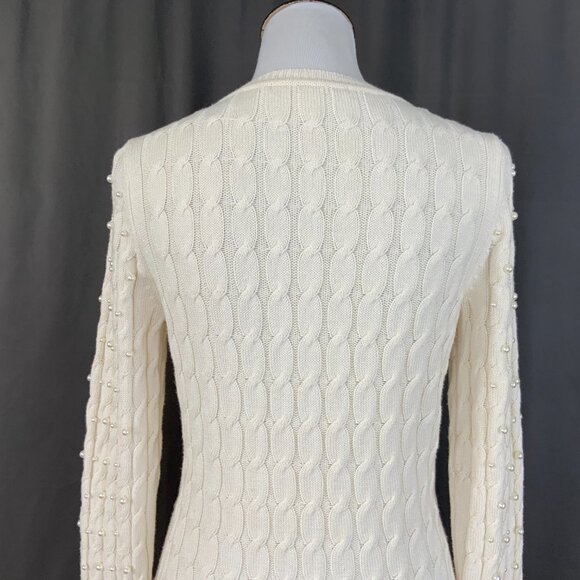 Boston Proper Sweater White/Cream V Neck Cable Knit Pearl Embellished Size M - Picture 8 of 16
